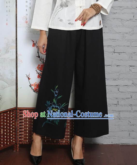 Traditional Chinese National Costume Loose Pants, Elegant Hanfu Black Linen Wide leg Pants, China Tang Suit Ultra-wide-leg Trousers for Women