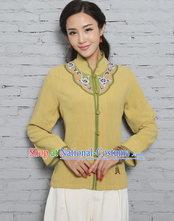 Asian China Top Grade Yellow Linen Cheongsam Hand Painting Blouse, Traditional Chinese Tang Suit Hanfu Plated Button Qipao Shirts for Women