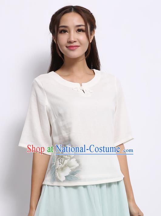 Asian China Top Grade White Linen Hand Ink Painting Peony Cheongsam Blouse, Traditional Chinese Tang Suit Hanfu Plated Button Qipao Shirts for Women