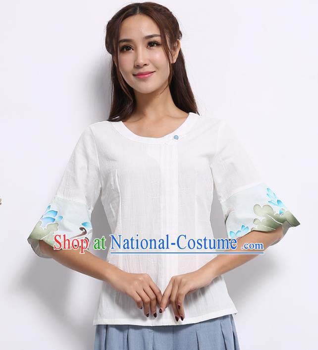 Asian China Top Grade White Linen Hand Painting Lotus Cheongsam Blouse, Traditional Chinese Tang Suit Hanfu Plated Button Qipao Shirts for Women