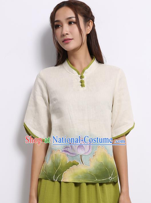 Asian China Top Grade White Linen Hand Painting Green Lotus Cheongsam Blouse, Traditional Chinese Tang Suit Hanfu Plated Button Qipao Shirts for Women