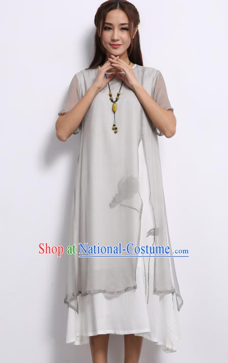 Asian China Top Grade Grey Silk Hand Painting Cheongsam, Traditional Chinese Tang Suit Hanfu Plated Button Qipao Dress for Women