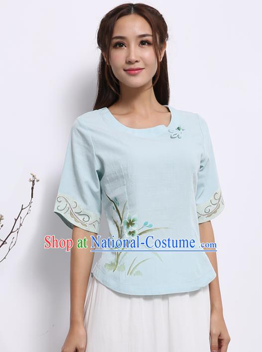 Asian China Top Grade Blue Linen Hand Painting Cheongsam Blouse, Traditional Chinese Tang Suit Hanfu Plated Button Qipao Shirts for Women