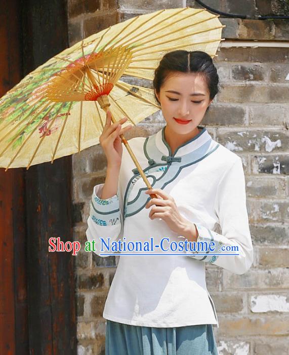 Asian China Top Grade White Linen Slant Opening Cheongsam Blouse, Traditional Chinese Tang Suit Hanfu Plated Button Qipao Shirts for Women