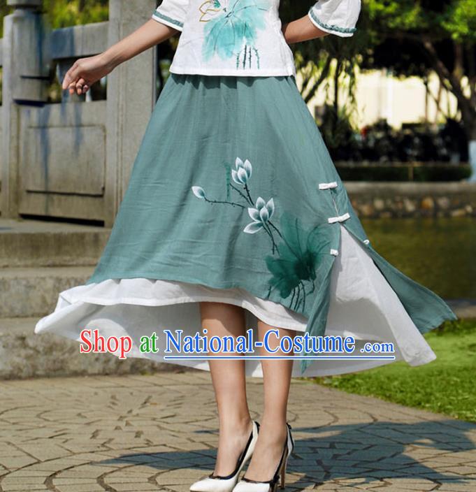 Asian China Hand Painting Green Linen Bust Skirt, Traditional Chinese Tang Suit Hanfu Skirts for Women