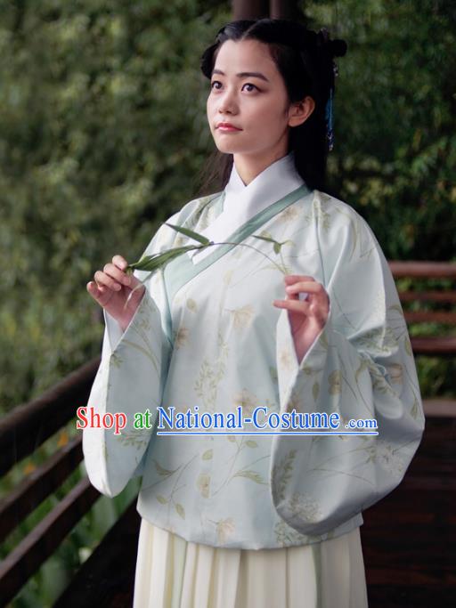 Asian China Ming Dynasty Young Lady Costume Light Blue Blouse, Traditional Chinese Ancient Princess Embroidered Hanfu Clothing for Women