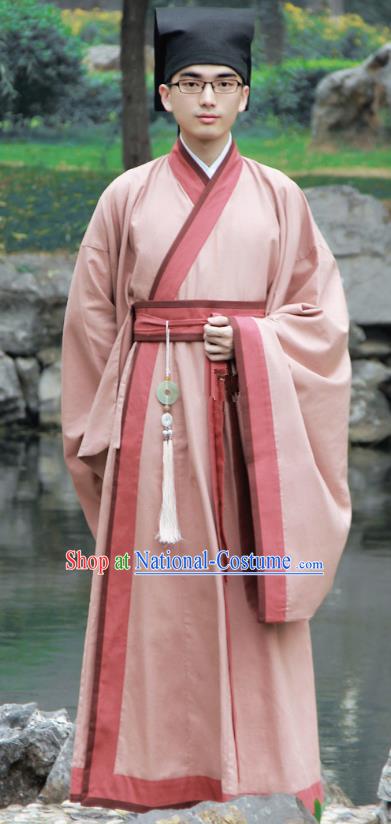 Asian China Han Dynasty Scholar Costume Pink Long Robe, Traditional Chinese Ancient Chancellor Hanfu Clothing for Men