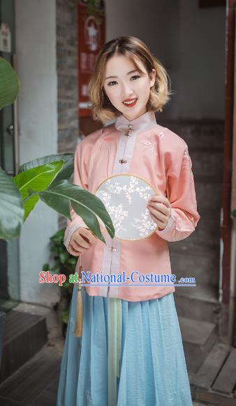 Asian China Ming Dynasty Young Lady Costume Embroidery Pink Blouse, Traditional Chinese Ancient Princess Hanfu Clothing for Women