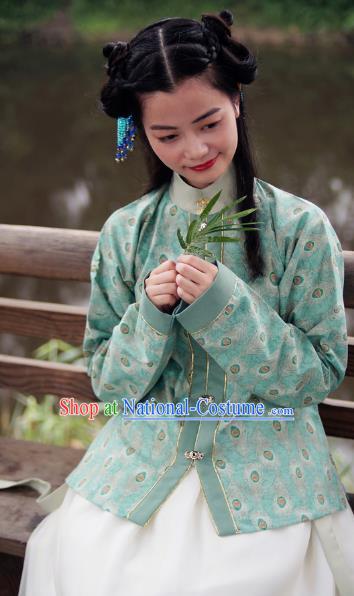 Asian China Ming Dynasty Young Lady Costume Embroidery Green Blouse, Traditional Chinese Ancient Princess Hanfu Clothing for Women