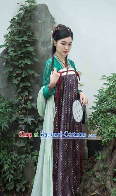 Asian China Tang Dynasty Princess Costume Complete Set, Traditional Chinese Ancient Palace Lady Hanfu Purple Silp Skirt Clothing for Women