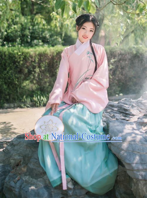 Asian China Ming Dynasty Young Lady Costume Embroidery Pink Blouse and Skirt Complete Set