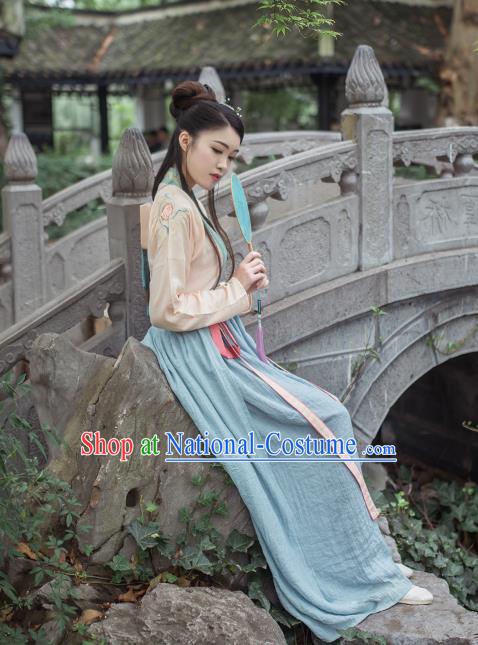 Asian China Tang Dynasty Palace Lady Costume Complete Set, Traditional Chinese Ancient Princess Embroidered Hanfu Slip Dress for Women