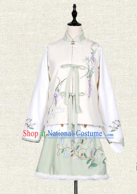 Asian China Ming Dynasty Princess Embroidered Costume, Traditional Ancient Chinese Palace Lady Embroidery Vest Blouse and Skirt Clothing for Women