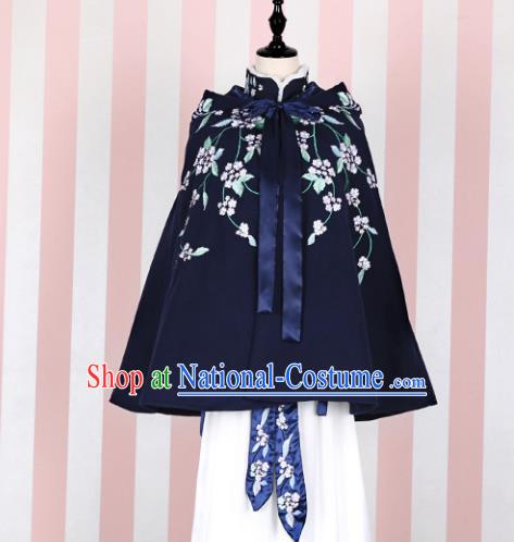 Asian China Ming Dynasty Princess Costume Embroidered Navy Cape, Traditional Ancient Chinese Palace Lady Embroidery Cloak Clothing for Women