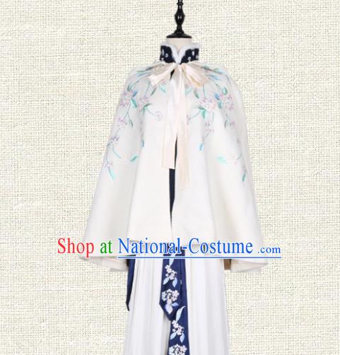 Asian China Ming Dynasty Princess Costume Embroidered White Cape, Traditional Ancient Chinese Palace Lady Embroidery Cloak Clothing for Women