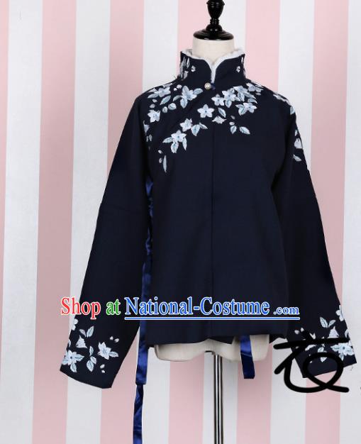 Asian China Ming Dynasty Princess Costume Embroidered Navy Blouse, Traditional Ancient Chinese Palace Lady Embroidery Shirt Clothing for Women