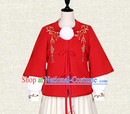 Asian China Ming Dynasty Young Lady Costume Red Embroidered Blouse, Traditional Ancient Chinese Princess Embroidery Hanfu Clothing for Women