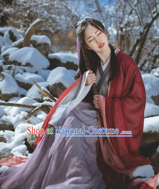 Asian China Jin Dynasty Young Lady Costume Red Cardigan Complete Set, Traditional Ancient Chinese Princess Elegant Hanfu Clothing for Women