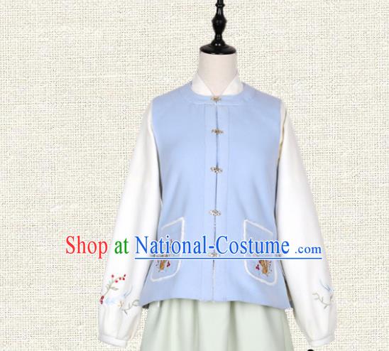 Asian China Ming Dynasty Young Lady Costume Blue Embroidered Cardigan, Traditional Ancient Chinese Princess Elegant Hanfu Clothing for Women