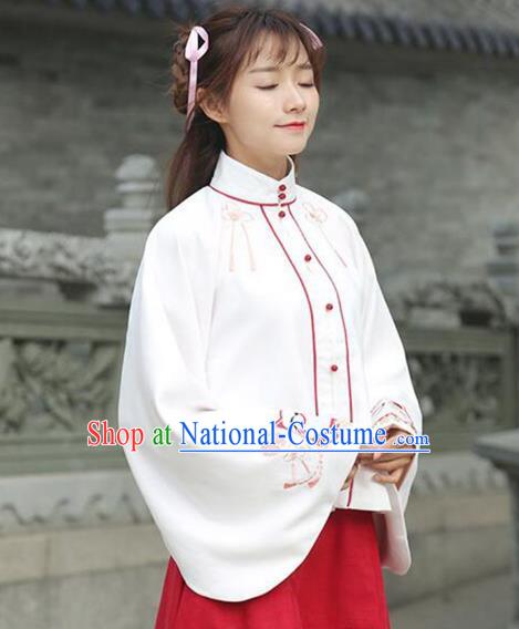 Asian China Ming Dynasty Young Lady Costume White Embroidered Blouse, Traditional Ancient Chinese Princess Elegant Hanfu Shirts Clothing for Women