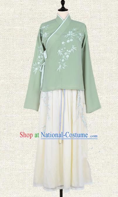 Asian China Ming Dynasty Young Lady Costume Embroidered Green Blouse and Skirt Complete Set, Traditional Ancient Chinese Princess Elegant Hanfu Clothing for Women