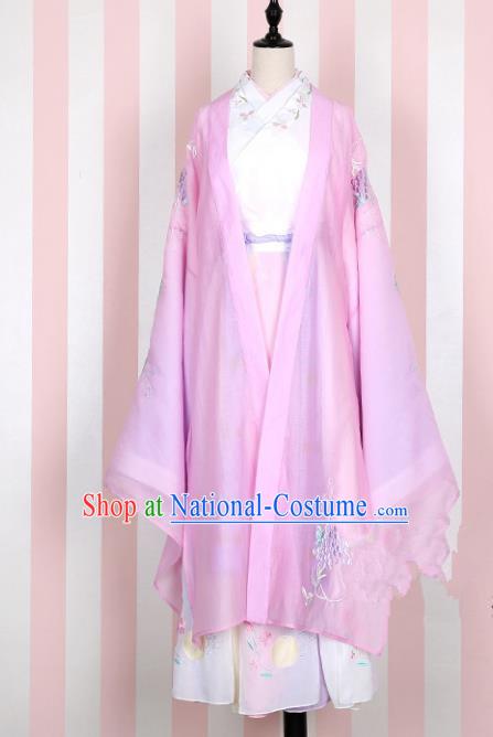 Asian China Han Dynasty Young Lady Embroidered Costume Pink Wide Sleeve Cardigan, Traditional Ancient Chinese Princess Elegant Hanfu Embroidery Clothing for Women