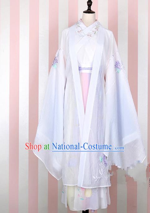 Asian China Han Dynasty Young Lady Embroidered Costume White Wide Sleeve Cardigan, Traditional Ancient Chinese Princess Elegant Hanfu Embroidery Clothing for Women