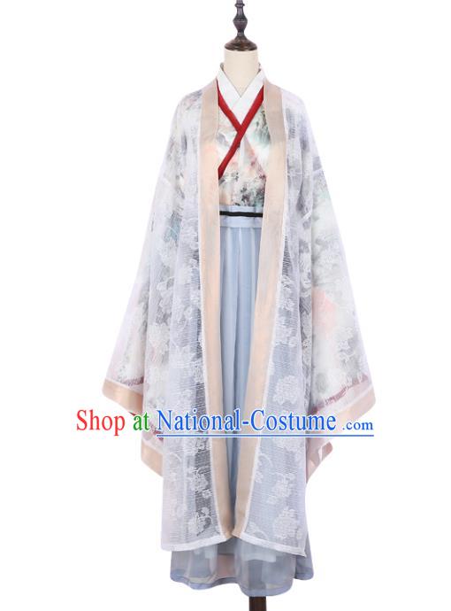 Asian China Jin Dynasty Swordswoman Embroidered Costume Complete Set, Traditional Ancient Chinese Elegant Hanfu Printing Cardigan Clothing for Women