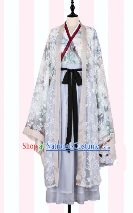 Asian China Jin Dynasty Swordswoman Embroidered Costume Complete Set, Traditional Ancient Chinese Elegant Hanfu Printing Cardigan Clothing for Women