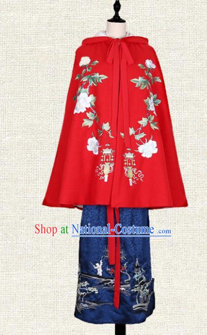 Asian China Ming Dynasty Young Lady Costume Red Embroidered Cape, Traditional Ancient Chinese Elegant Hanfu Mantle Clothing for Women