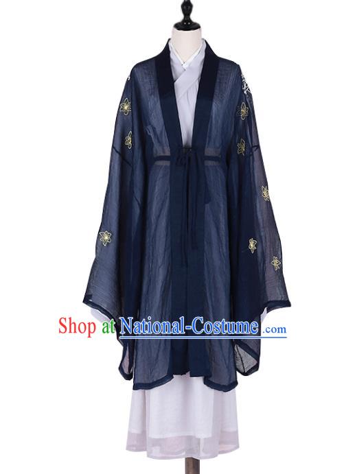 Asian China Jin Dynasty Swordswoman Embroidered Costume Complete Set, Traditional Ancient Chinese Elegant Hanfu Navy Cardigan Clothing for Women