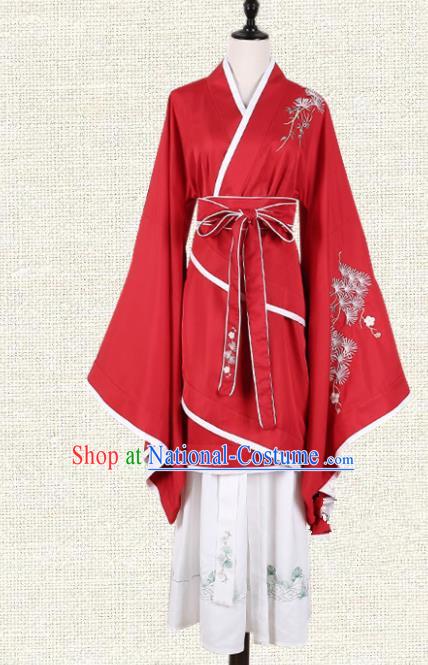 Asian China Han Dynasty Young Lady Embroidered Costume Red Curve Bottom, Traditional Ancient Chinese Princess Elegant Hanfu Clothing for Women