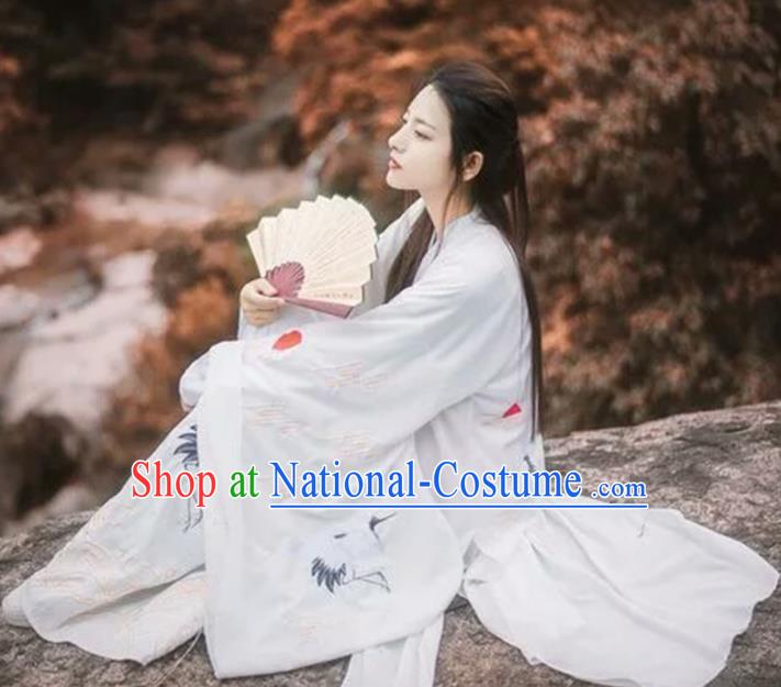 Asian China Jin Dynasty Palace Lady Costume Embroidered Crane Clothing Complete Set, Traditional Ancient Chinese Elegant Hanfu for Women