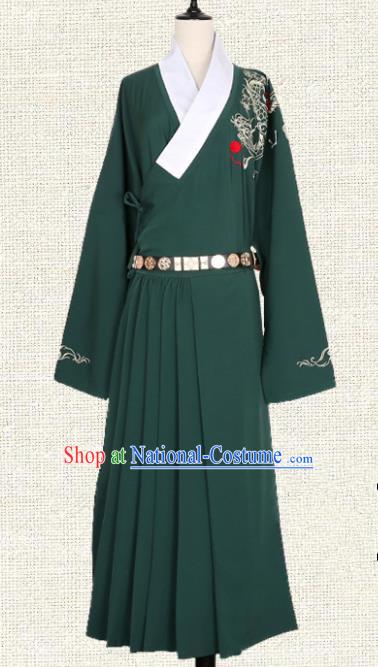 Asian China Ming Dynasty Swordsman Embroidered Clothing, Traditional Ancient Chinese Imperial Guards Hanfu Green Robe for Women