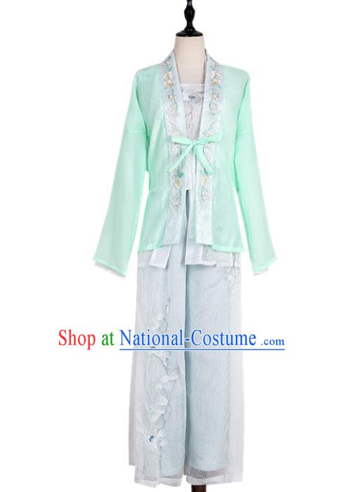 Asian China Song Dynasty Young Lady Embroidered Costume, Traditional Ancient Chinese Princess Elegant Hanfu Embroidery Blouse and Pants Clothing for Women