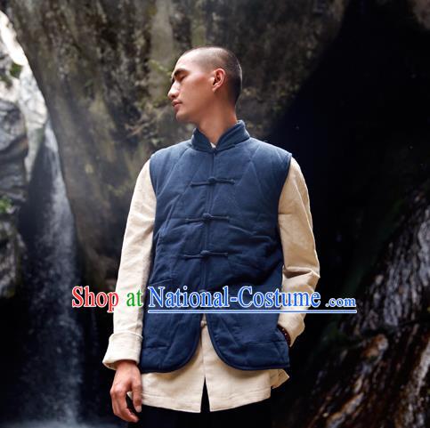 Asian China National Costume Navy Cotton-padded Vest, Traditional Chinese Tang Suit Plated Buttons Waistcoat Clothing for Men