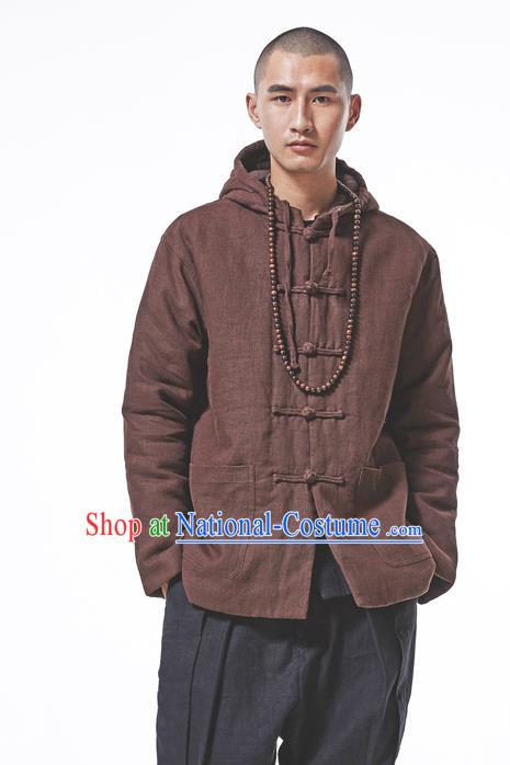 Asian China National Costume Brown Cotton-padded Jacket, Traditional Chinese Tang Suit Plated Buttons Coat Clothing for Men