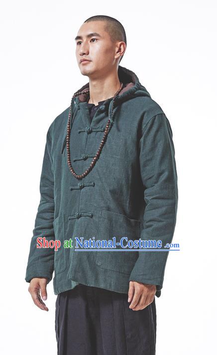 Asian China National Costume Green Cotton-padded Jacket, Traditional Chinese Tang Suit Plated Buttons Coat Clothing for Men