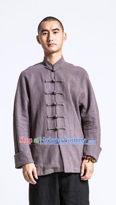 Asian China National Costume Deep Grey Linen Shirts, Traditional Chinese Tang Suit Plated Buttons Upper Outer Garment Clothing for Men