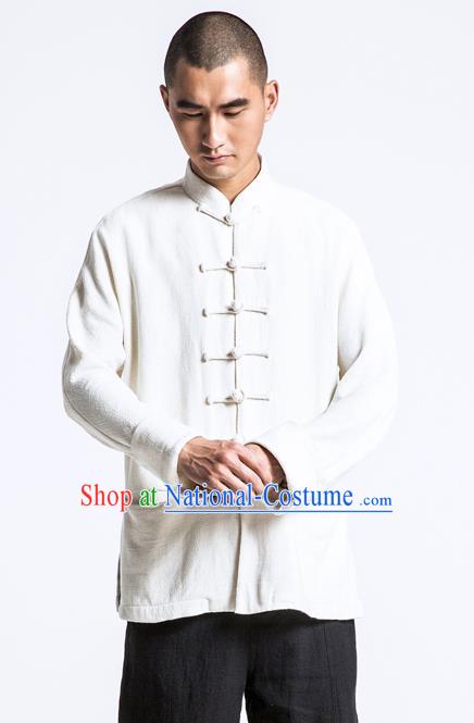 Asian China National Costume White Linen Shirts, Traditional Chinese Tang Suit Plated Buttons Upper Outer Garment Clothing for Men