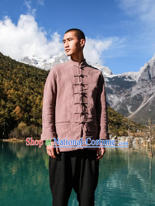 Asian China National Costume Brown Linen Shirts, Traditional Chinese Tang Suit Plated Buttons Upper Outer Garment Clothing for Men