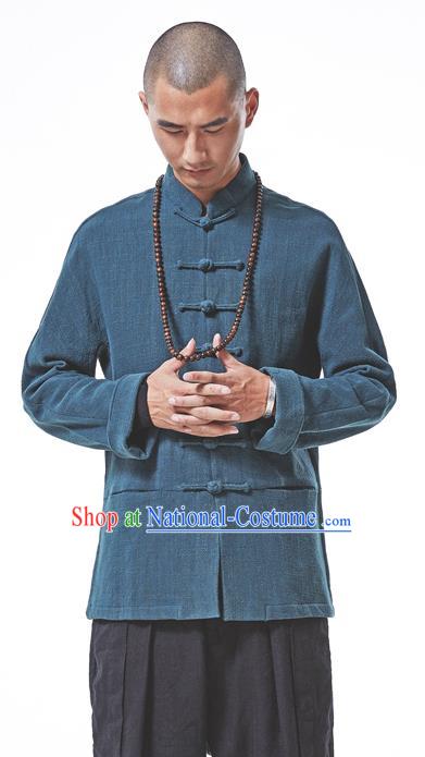 Asian China National Costume Blue Linen Shirts, Traditional Chinese Tang Suit Plated Buttons Upper Outer Garment Clothing for Men