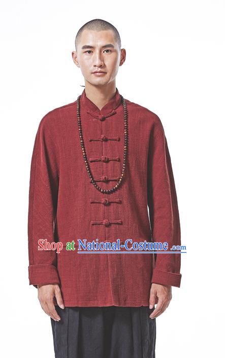 Asian China National Costume Red Linen Shirts, Traditional Chinese Tang Suit Plated Buttons Upper Outer Garment Clothing for Men