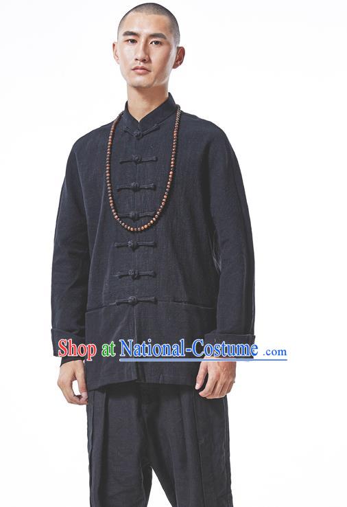 Asian China National Costume Black Linen Shirts, Traditional Chinese Tang Suit Plated Buttons Upper Outer Garment Clothing for Men