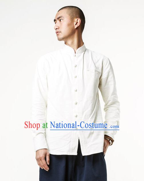 Asian China National Costume Stand Collar White Linen Shirts, Traditional Chinese Tang Suit Plated Buttons Upper Outer Garment Clothing for Men