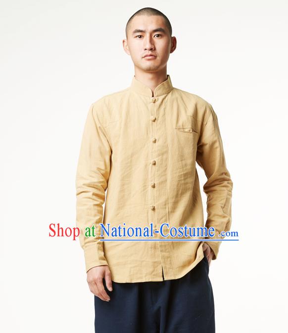 Asian China National Costume Stand Collar Yellow Linen Shirts, Traditional Chinese Tang Suit Plated Buttons Upper Outer Garment Clothing for Men