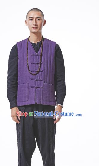 Asian China National Costume Purple Cotton-padded Linen Vest, Traditional Chinese Tang Suit Plated Buttons Waistcoat Clothing for Men