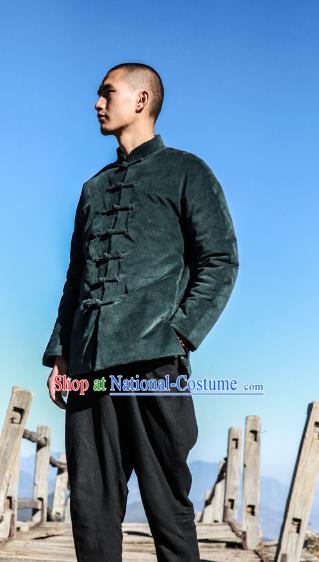 Asian China National Costume Green Corduroy Cotton-padded Jacket, Traditional Chinese Tang Suit Plated Buttons Coat Clothing for Men