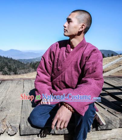 Asian China National Costume Red Linen Cotton-padded Robe, Traditional Chinese Tang Suit Slant Opening Coat Clothing for Men