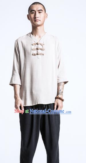 Asian China National Costume White Linen Shirts, Traditional Chinese Tang Suit Plated Buttons Upper Outer Garment Clothing for Men